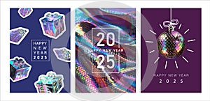 Happy New Year 2025, snake symbol. Greeting card set with beautiful holographic snakeskin, gift boxes and a Christmas