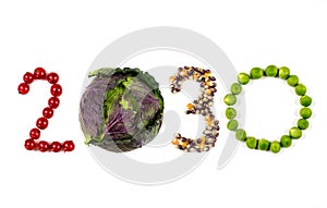 Happy New Year 2030 number made of fruits and vegetable on white