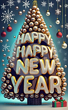 Happy New Year 3D Gold strass jewel Text Christmas tree.