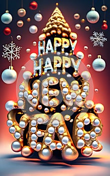 Happy New Year 3D Gold strass jewel Text Christmas tree.