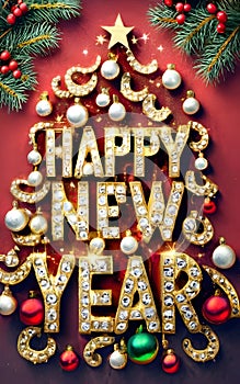 Happy New Year 3D Gold strass jewel Text Christmas tree.