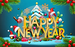 Happy New Year, 3D text illustration for greeting card with santa claus, christmas tree, colorful ornaments and gifts.
