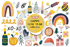 Happy New Year abstract boho icons set. Christmas party trending collection clip art hand drawing style with champagne