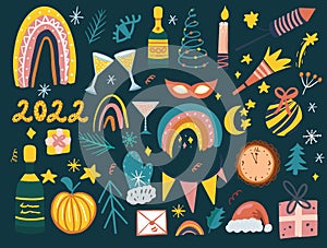 Happy New Year abstract boho icons set. Christmas party trending collection clip art hand drawing style with champagne