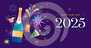 Happy New Year 2025, New Year background, banner, poster design. Modern vibrant illustration, concept design with photo