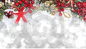 Happy new year 2021 background with bokeh lights, branches with balls and ribbons in snow flakes. Christmas decorations, postcard