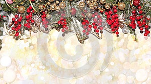 Happy new year 2021 background with bokeh lights, branches with balls and ribbons in snow flakes. Christmas decorations, postcard