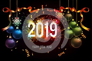 Happy new year 2019 background with christmas confetti gold and firework