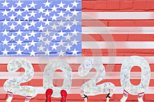 Happy new year 2020 on the background of the flag of America, with a copy of the space for text, for a holiday card