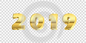 Happy New Year background. Gold 3D number 2019 isolated white transparent. Bright golden design greeting card, Christmas