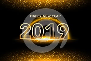 Happy New Year 2019 background with gold glitter confetti splatter. Festive premium design template for greeting card, calendar, b