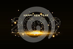 Happy New Year 2019 background with gold glitter confetti splatter. Festive premium design template for greeting card, calendar, b