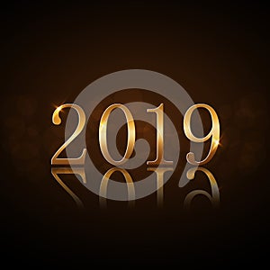 Happy New Year background. Gold numbers 2019 card. Christmas design with light, vibrant, glow and sparkle, glitter