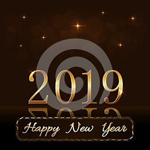 Happy New Year background. Gold numbers 2019 card. Christmas design with light, vibrant, glow and sparkle, glitter