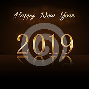 Happy New Year background. Gold numbers 2019 card. Christmas design with light, vibrant, glow and sparkle, glitter