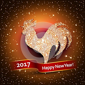 Happy New Year 2017 background with gold shiny rooster silhouette.