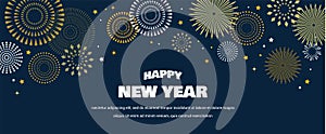 Happy New Year Background with golden fireworks. Gold and black card and banner, festive invitation, calendar poster or