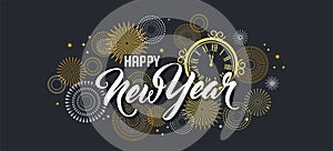 Happy New Year Background with golden fireworks. Gold and black card and banner, festive invitation, calendar poster or