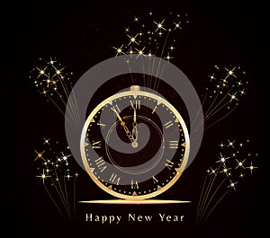 Happy New Year background with golden shining vintage clock and spark fireworks. Five minutes to midnight.