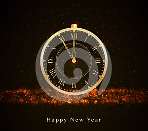 Happy New Year background with golden vintage clock, glitter light, sparkles, bokeh and text. Holiday web banner, poster