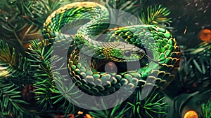 Happy New year background with green snake and Christmas tree