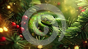Happy New year background, green snake, lights and Christmas tree
