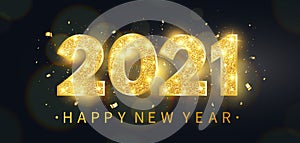 Happy new year 2021 background. Luxury holiday banner with golden glitter numbers, bokeh lights and confetti. Gold