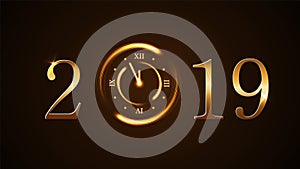 Happy New Year background. Magic gold clock countdown five minute. Golden numbers 2019. Christmas night design light