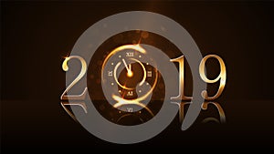 Happy New Year background. Magic gold clock countdown five minute. Golden numbers 2019. Christmas night design light