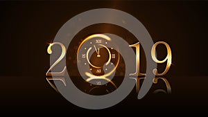 Happy New Year background. Magic gold clock countdown five minute. Golden numbers 2019. Christmas night design light