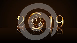 Happy New Year background. Magic gold clock countdown five minute. Golden numbers 2019. Christmas night design light