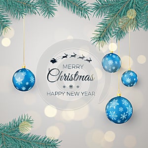 Happy New Year Background for Seasonal Greetings Cards and Banners. Blue Christmas Balls Hanging on Pine Branches