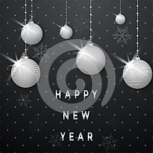 Happy new year background with silver Christmas decorations, balls, snowflakes. Template for greeting card, invitation