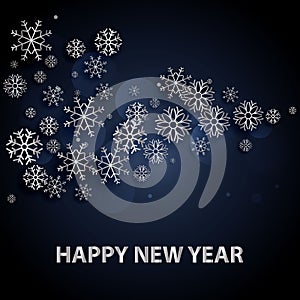 2018 Happy New Year background with silver letters and snowflakes.