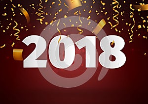 Happy New Year background template. Golden ribbons flying on to 2018 number vector illustration