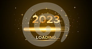 Happy new year banner with 2023 loading. Holiday vector illustration of Golden numbers 2023 background