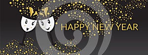 Happy new year banner with cartoon wine glasses
