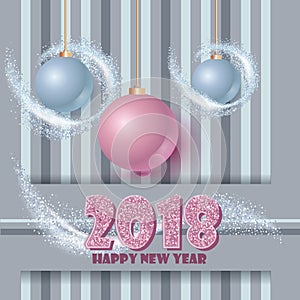 Happy new year banner with clossy balls and sparkle stardust. Magic decor for your selebration.