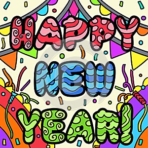 Happy New Year Banner Colored Cartoon Illustration