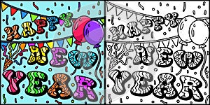 Happy New Year Banner Coloring Page Illustration