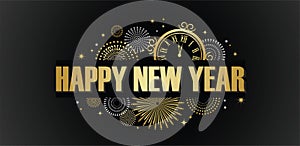 Happy New Year banner with golden fireworks. Gold and black card and banner, festive invitation, calendar poster or