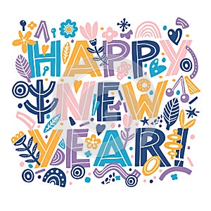 Happy new year banner in Hand Drawning typography card in the Collage style pattern with abstract and organic shapes in