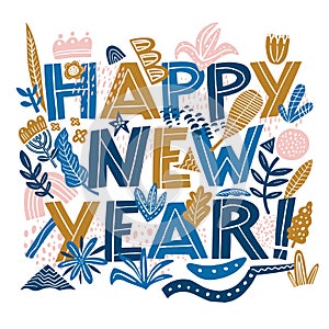 Happy new year banner in Hand Drawning typography card in the Collage style pattern with abstract and organic shapes in