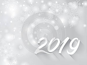 Happy New Year 2019 banner over snow blurry winter holiday backg