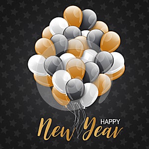 Happy New Year banner or poster. A banch of balloons on black background.