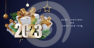 2023 Happy New Year banner with realistic gift box composicion. Holiday greeting card design. Festive premium concept photo
