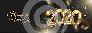 Happy new 2020 year banner with realistic golden numbers and confetti, tinsel. Festive decoration on dark background.