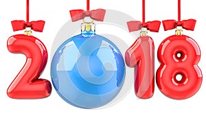 Happy New Year 2018 banner with red ribbon and bow. Text 2018 made in the form of a blue and red Christmas ball. 3D