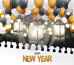 Happy New Year banner. Winter holiday celebration design concept with golden, black, and white balloons, garland lights, and lante