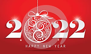 Happy New Year 2022 with beautiful chrisma ball on red background.